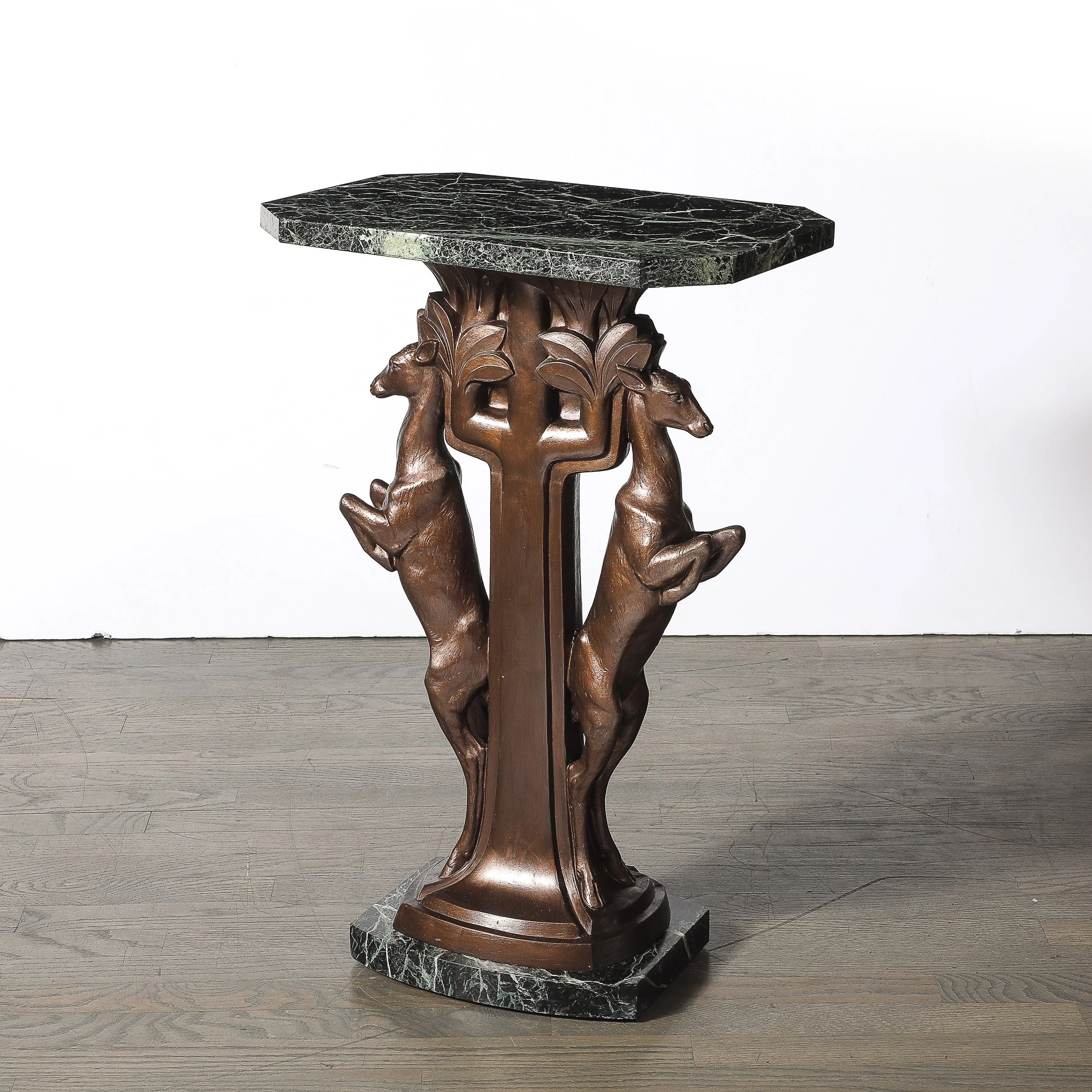 Art Deco Sculptural Bronze Gazelle Motif & Green Marble Side